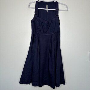 Firetrap Navy Blue Sleeveless Fit Flare Dress Size L Linen Pintuck Pockets